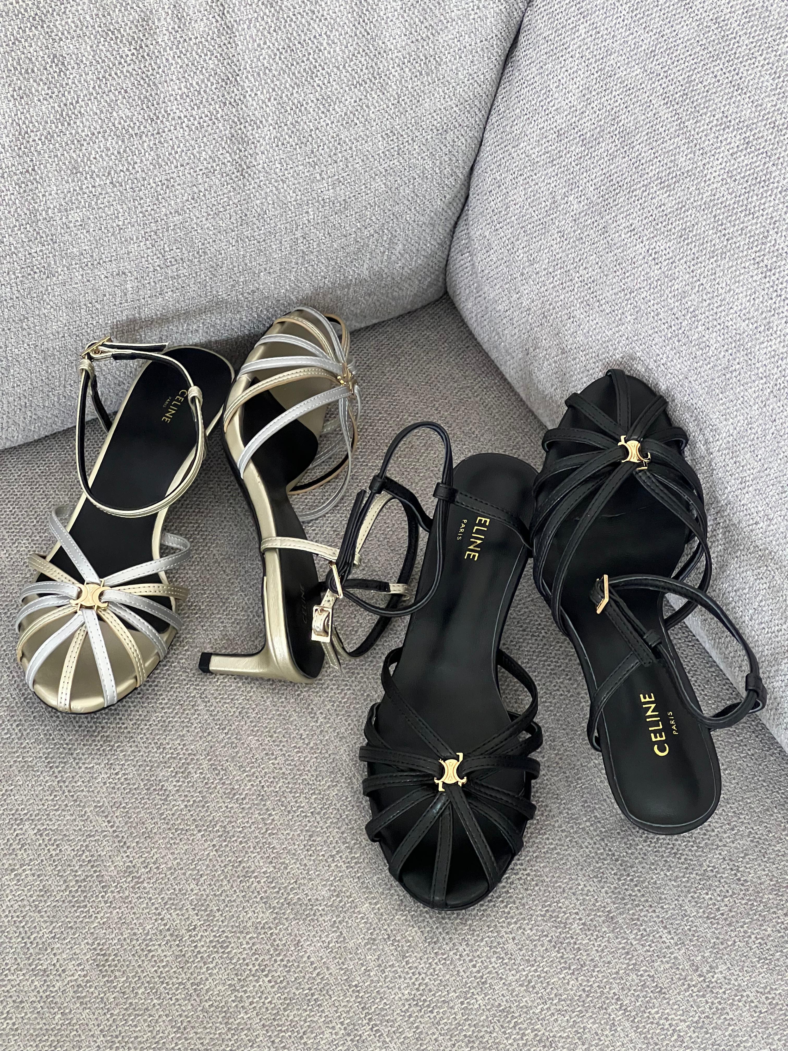 Celine Triumph Silver Gold Metallic Mid-Heel Sandal
