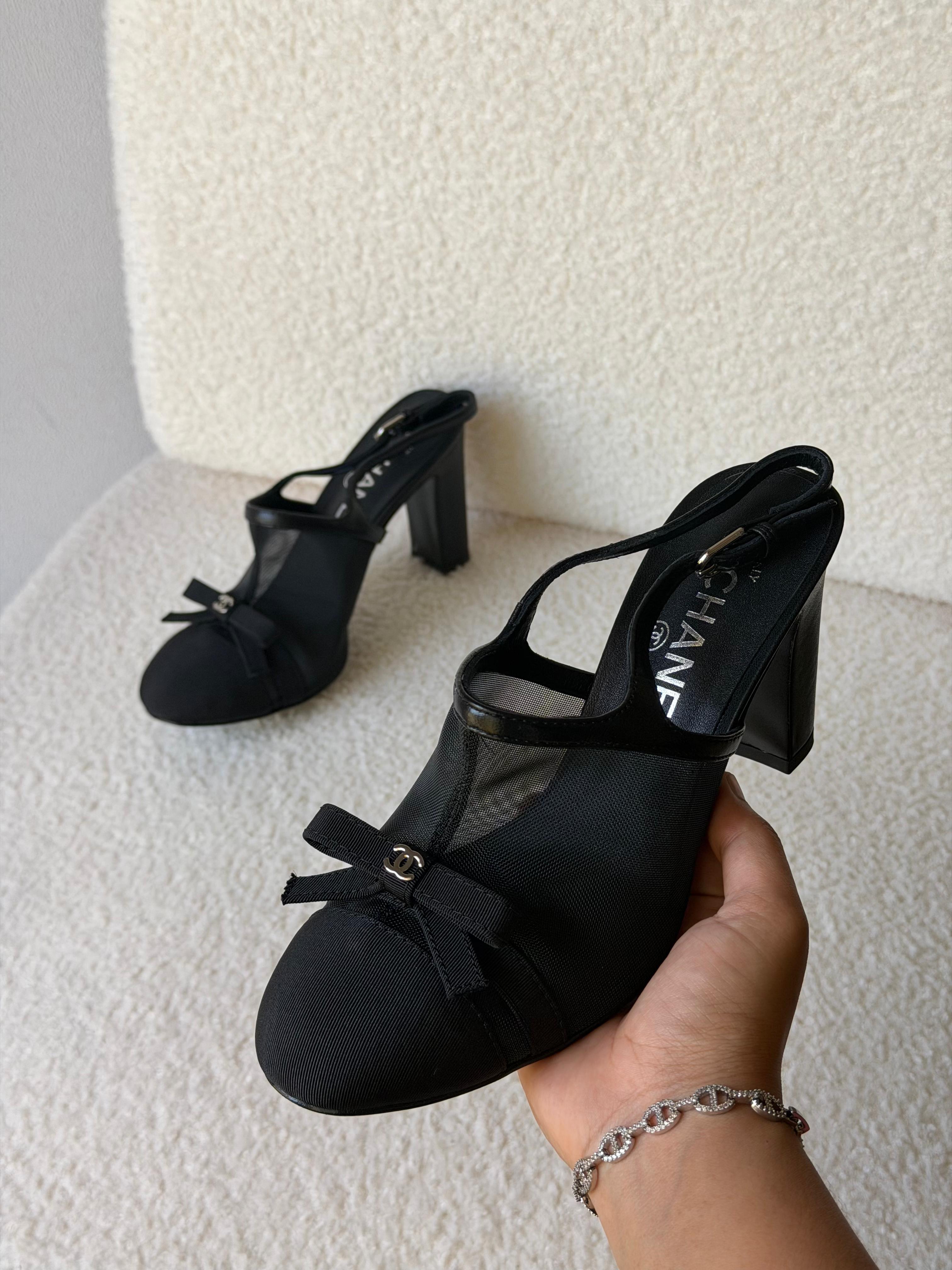 Chanel Heeled Slingbacks in Mesh and Grosgrain