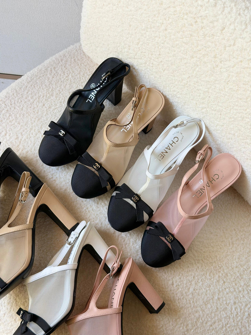 Chanel Heeled Slingbacks in Mesh and Grosgrain