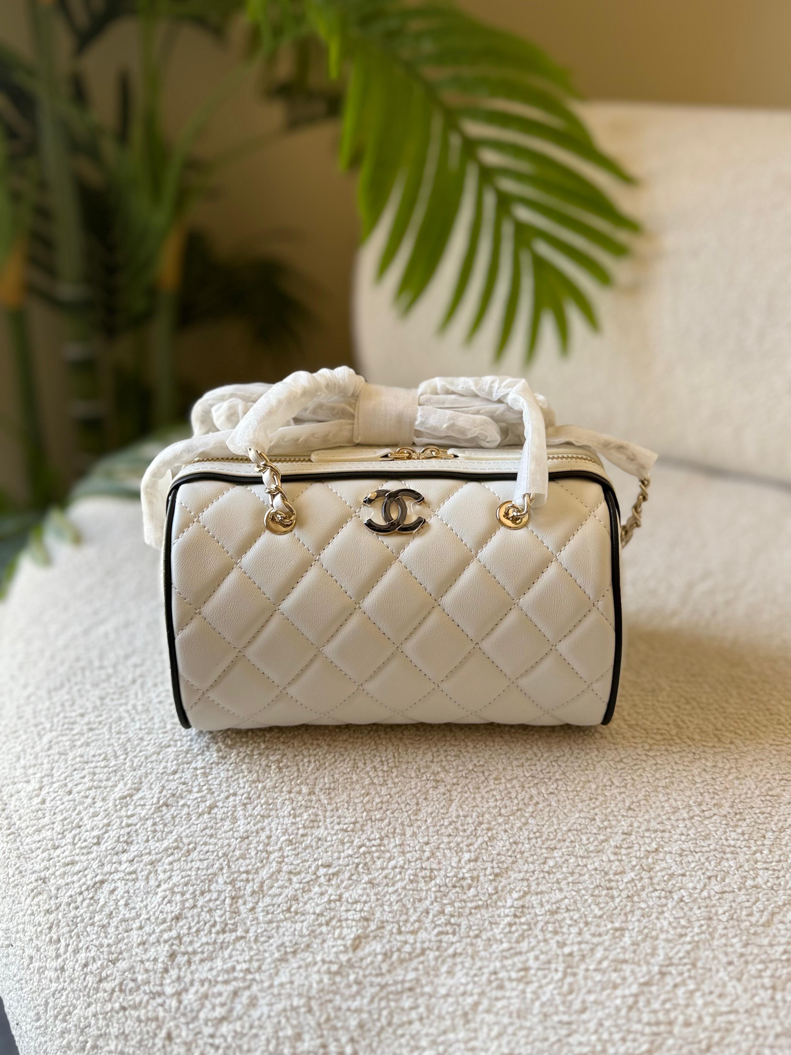 Chanel Mini Barrel Bag — White Lambskin, Black Trim